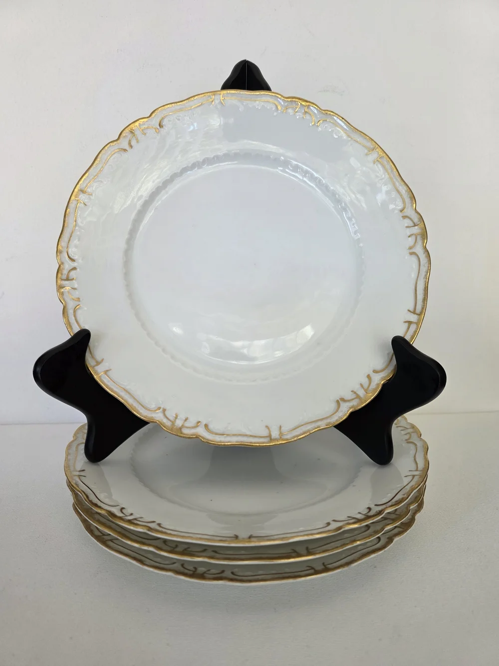 Vintage Haviland France White Porcelain Salad Plates with Gold Scalloped Edge.